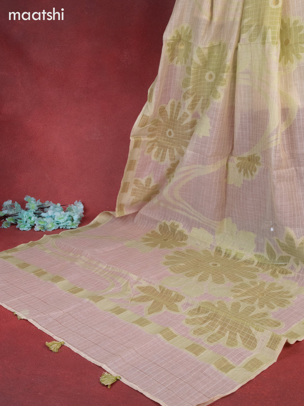 Munga cotton dress material green shade with woven buttas & french knot work and bottom & thread zari dupatta