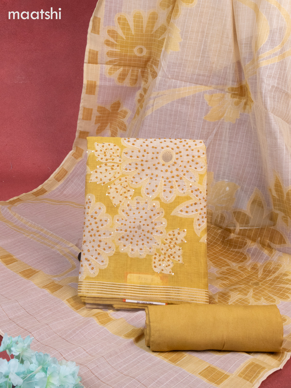 Munga cotton dress material mustard yellow with woven buttas & french knot work and bottom & thread zari dupatta