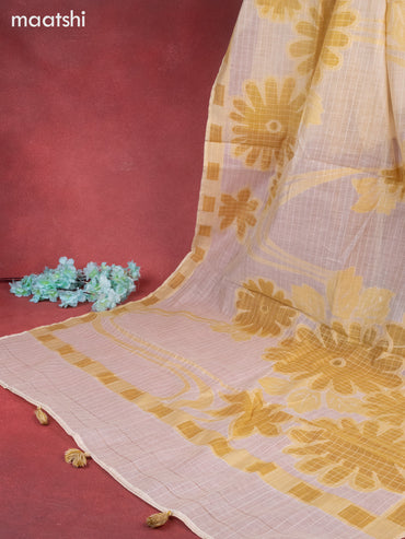 Munga cotton dress material mustard yellow with woven buttas & french knot work and bottom & thread zari dupatta
