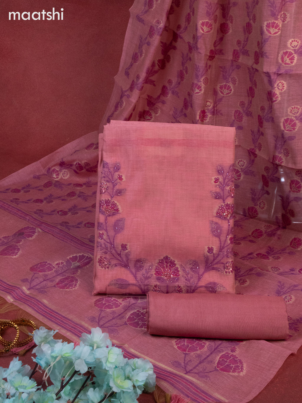 Munga cotton dress material peach pink with thread buttas & sequin beaded work neck pattern and bottom & thread zari dupatta