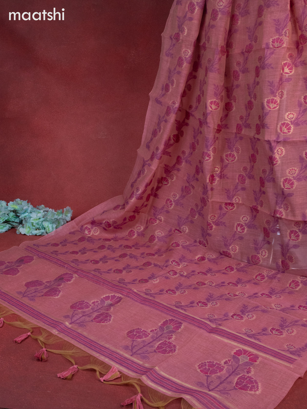 Munga cotton dress material peach pink with thread buttas & sequin beaded work neck pattern and bottom & thread zari dupatta