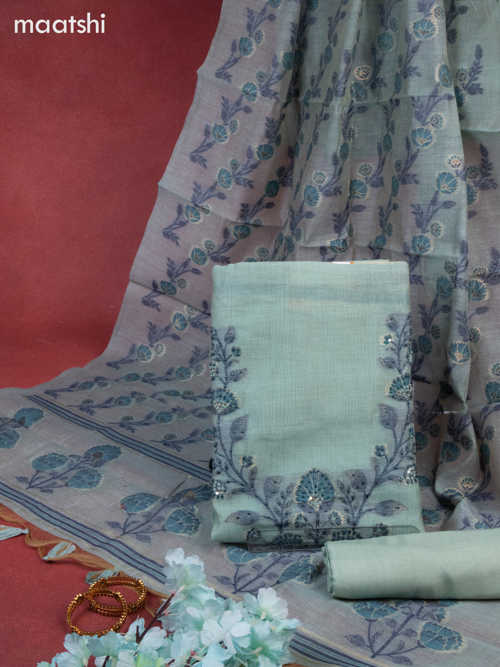 Munga cotton dress material teal blue shade with thread buttas & sequin beaded work neck pattern and bottom & thread zari dupatta