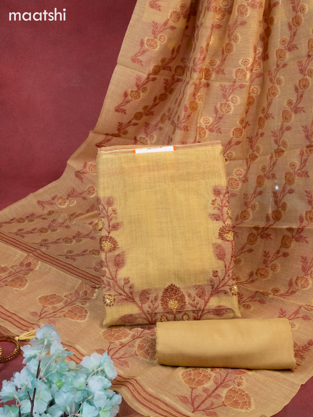 Munga cotton dress material mustard yellow with thread buttas & sequin beaded work neck pattern and bottom & thread zari dupatta