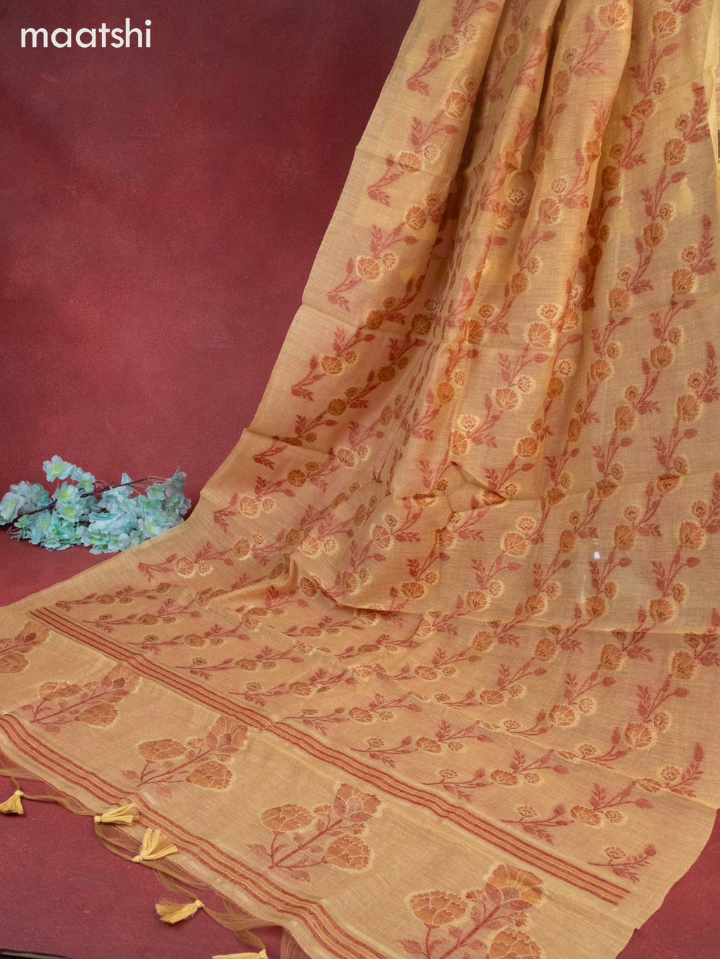 Munga cotton dress material mustard yellow with thread buttas & sequin beaded work neck pattern and bottom & thread zari dupatta