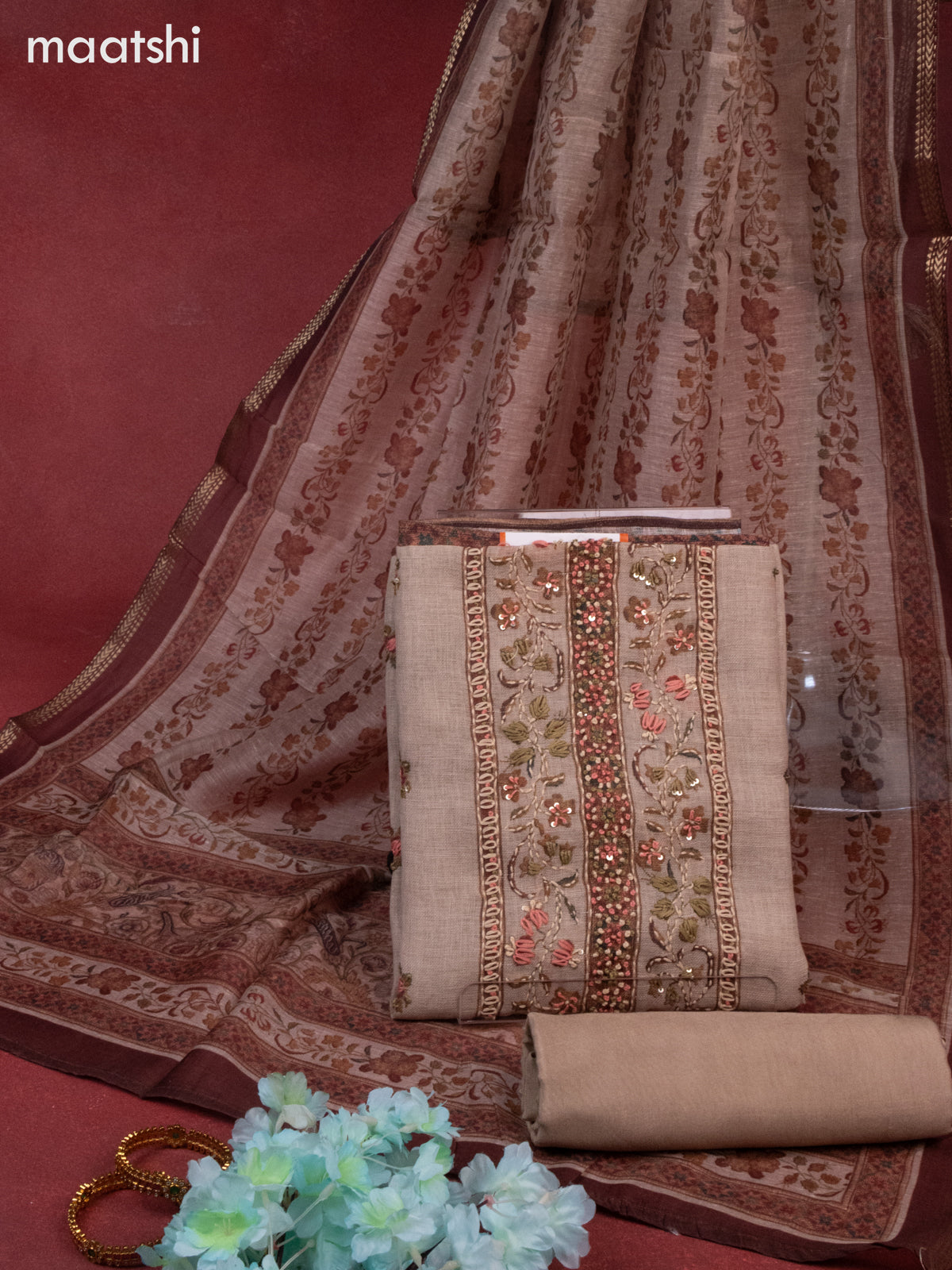 Linen cotton dress material beige and brown with floral buttas & french knot sequin neck work and bottom & printed zari dupatta