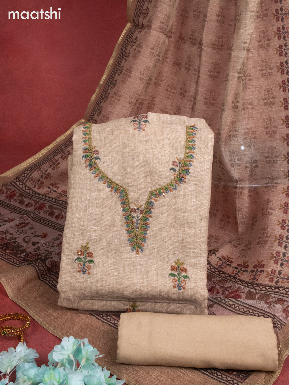 Linen cotton dress material beige with floral buttas & sequin embroidery work and bottom & printed zari dupatta