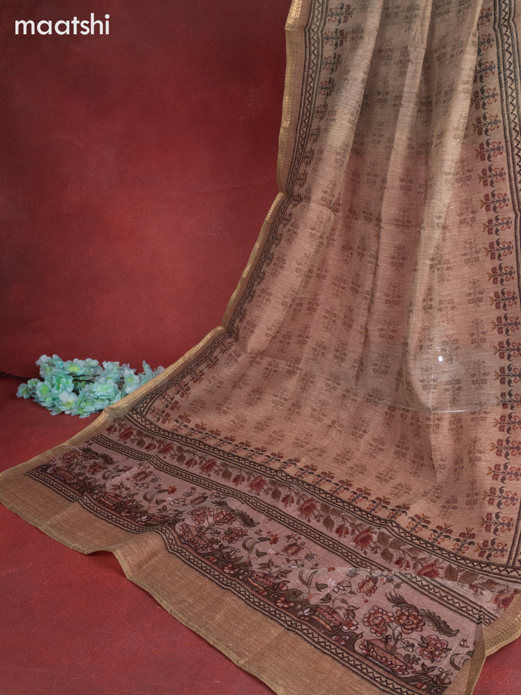 Linen cotton dress material beige with floral buttas & sequin embroidery work and bottom & printed zari dupatta
