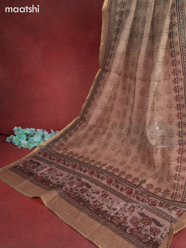 Linen cotton dress material beige with floral buttas & sequin embroidery work and bottom & printed zari dupatta