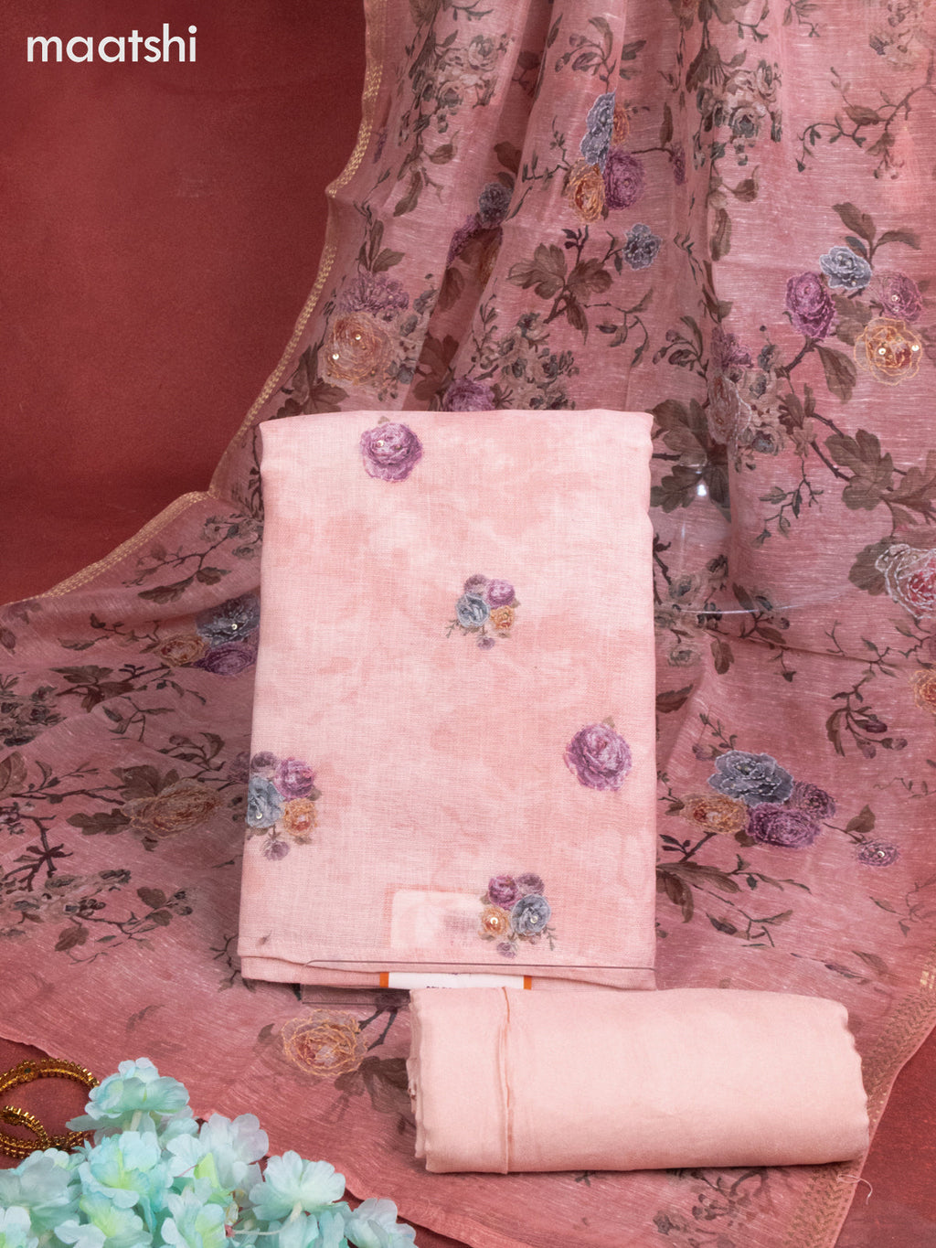 Linen cotton dress material peach pink with floral buttas & sequin embroidery work and bottom & printed zari dupatta