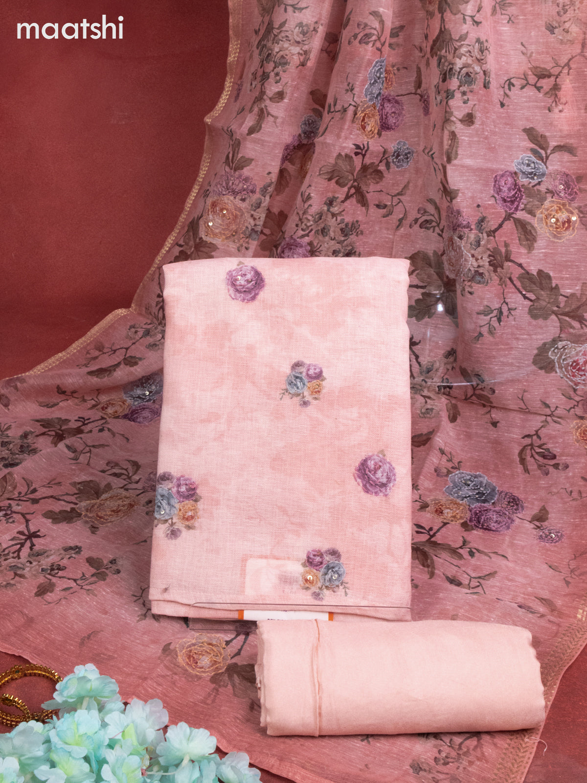 Linen cotton dress material peach pink with floral buttas & sequin embroidery work and bottom & printed zari dupatta