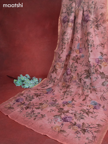 Linen cotton dress material peach pink with floral buttas & sequin embroidery work and bottom & printed zari dupatta