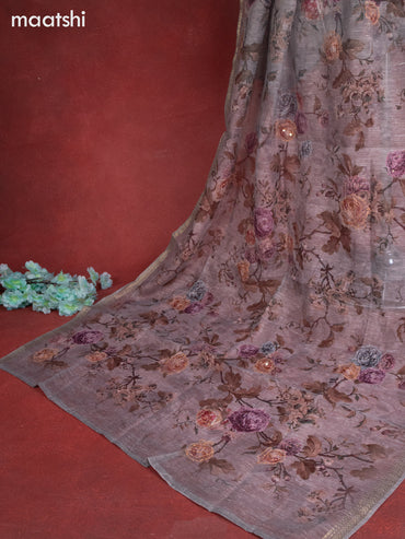 Linen cotton dress material grey with floral buttas & sequin embroidery work and bottom & printed zari dupatta