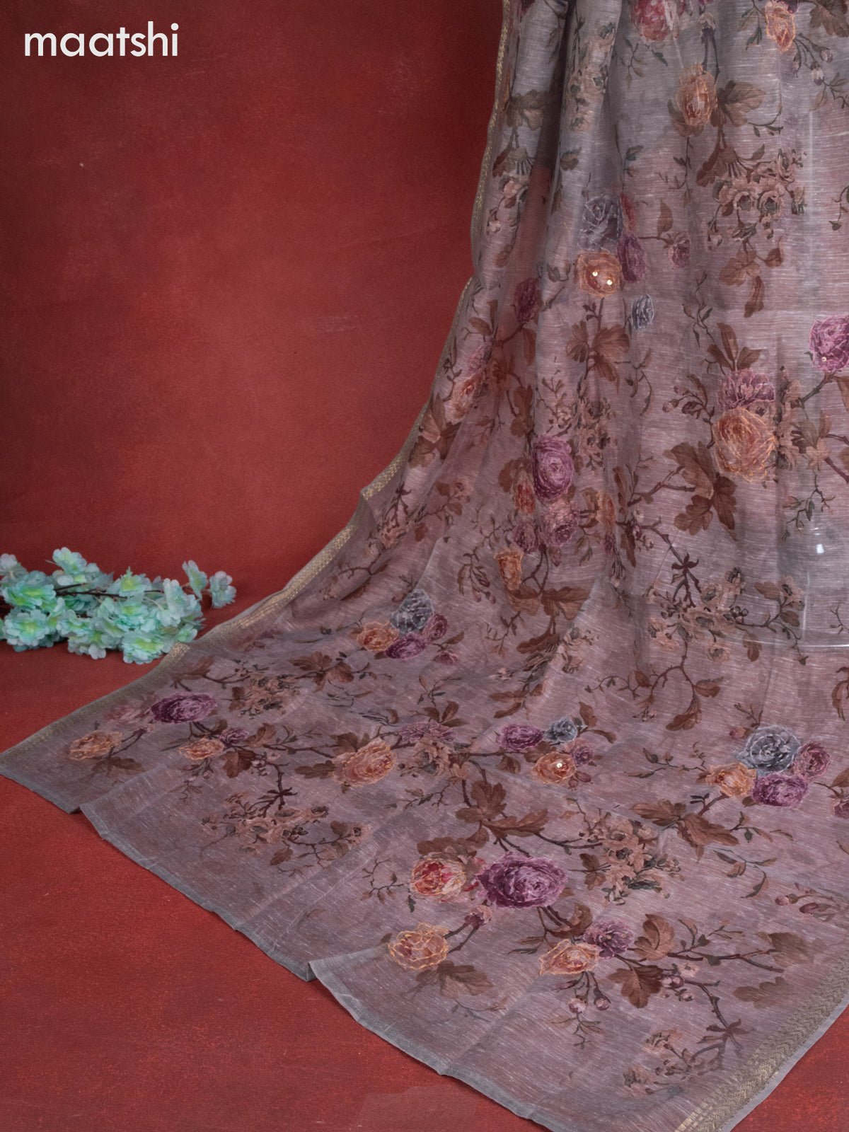 Linen cotton dress material grey with floral buttas & sequin embroidery work and bottom & printed zari dupatta