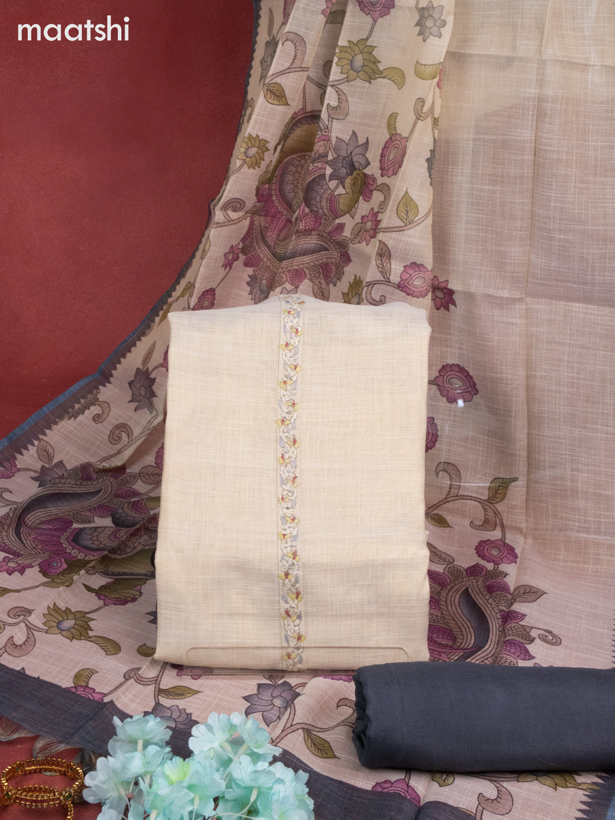 Tissue linen dress material beige and dark grey with sequin & kantha stich work neck pattern and bottom & kalamkari dupatta