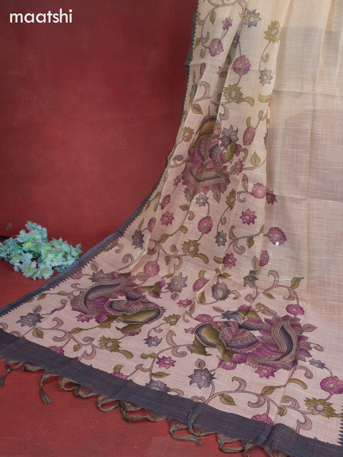 Tissue linen dress material beige and dark grey with sequin & kantha stich work neck pattern and bottom & kalamkari dupatta