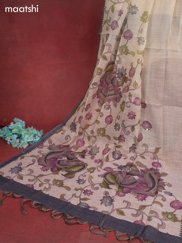 Tissue linen dress material beige and dark grey with sequin & kantha stich work neck pattern and bottom & kalamkari dupatta