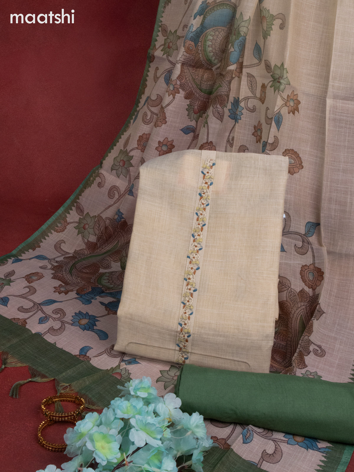 Tissue linen dress material beige and green with sequin & kantha stich work neck pattern and bottom & kalamkari dupatta