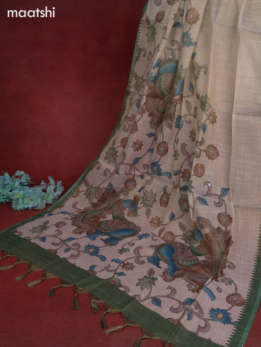 Tissue linen dress material beige and green with sequin & kantha stich work neck pattern and bottom & kalamkari dupatta