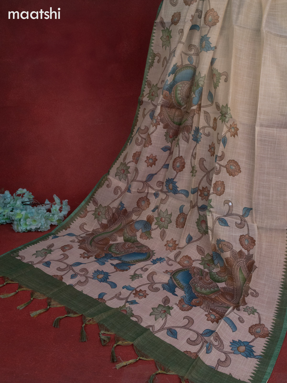 Tissue linen dress material beige and green with sequin & kantha stich work neck pattern and bottom & kalamkari dupatta