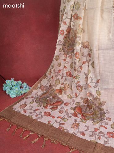 Tissue linen dress material beige and brown shade with sequin & kantha stich work neck pattern and bottom & kalamkari dupatta