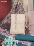 Tissue linen dress material beige and teal blue with sequin & kantha stich work neck pattern and bottom & kalamkari dupatta