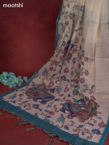 Tissue linen dress material beige and teal blue with sequin & kantha stich work neck pattern and bottom & kalamkari dupatta