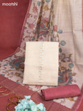 Tissue linen dress material beige and pastel maroon with sequin & kantha stich work neck pattern and bottom & kalamkari dupatta