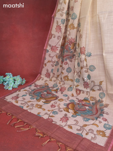 Tissue linen dress material beige and pastel maroon with sequin & kantha stich work neck pattern and bottom & kalamkari dupatta