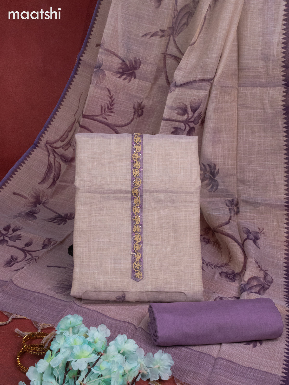 Tissue linen dress material pastel purple shade and purple shade with sequin & kantha stich work and bottom & printed dupatta
