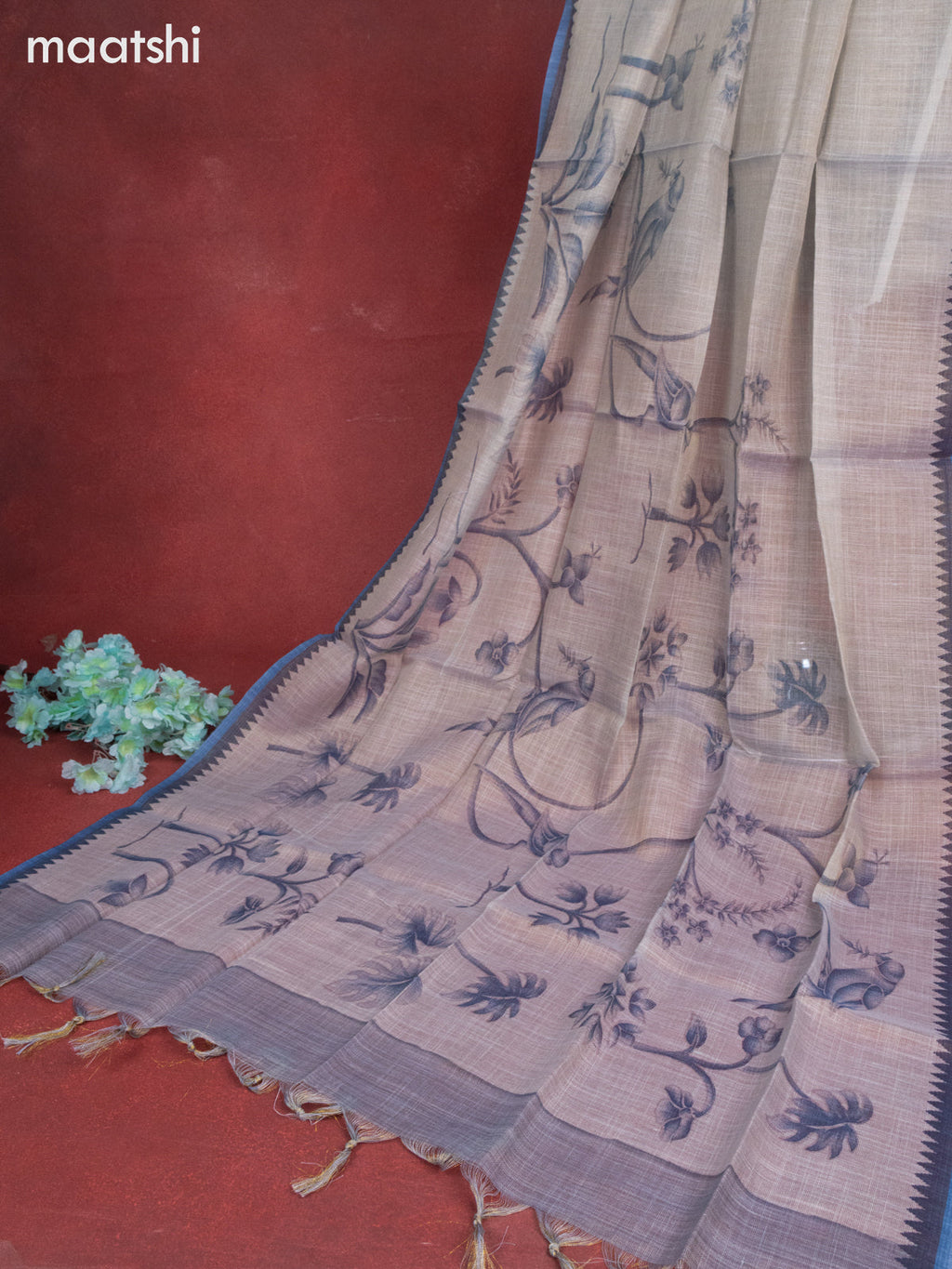 Tissue linen dress material greyish blue with sequin & kantha stich work and bottom & printed dupatta