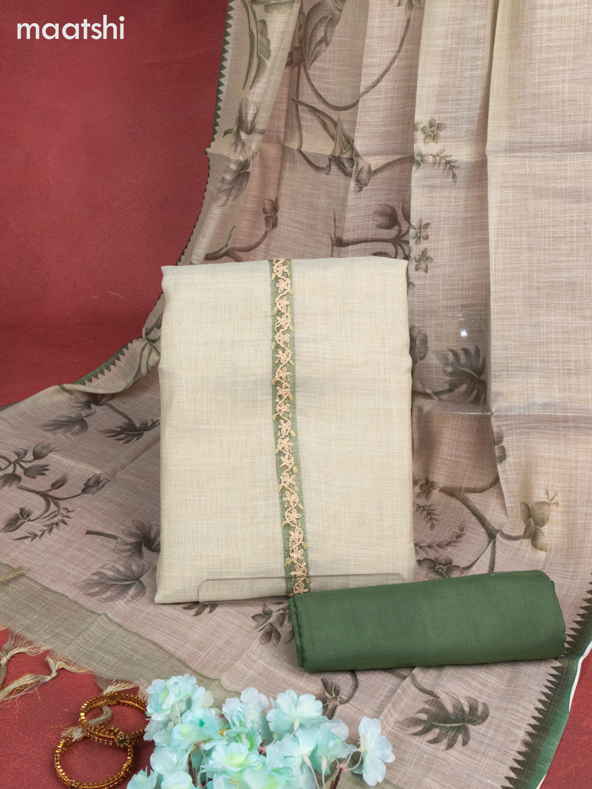 Tissue linen dress material green shade and green with sequin & kantha stich work and bottom & printed dupatta