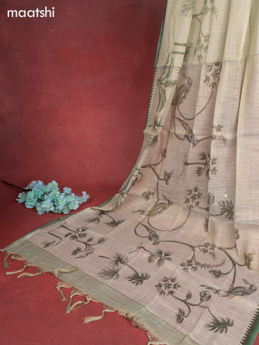 Tissue linen dress material green shade and green with sequin & kantha stich work and bottom & printed dupatta