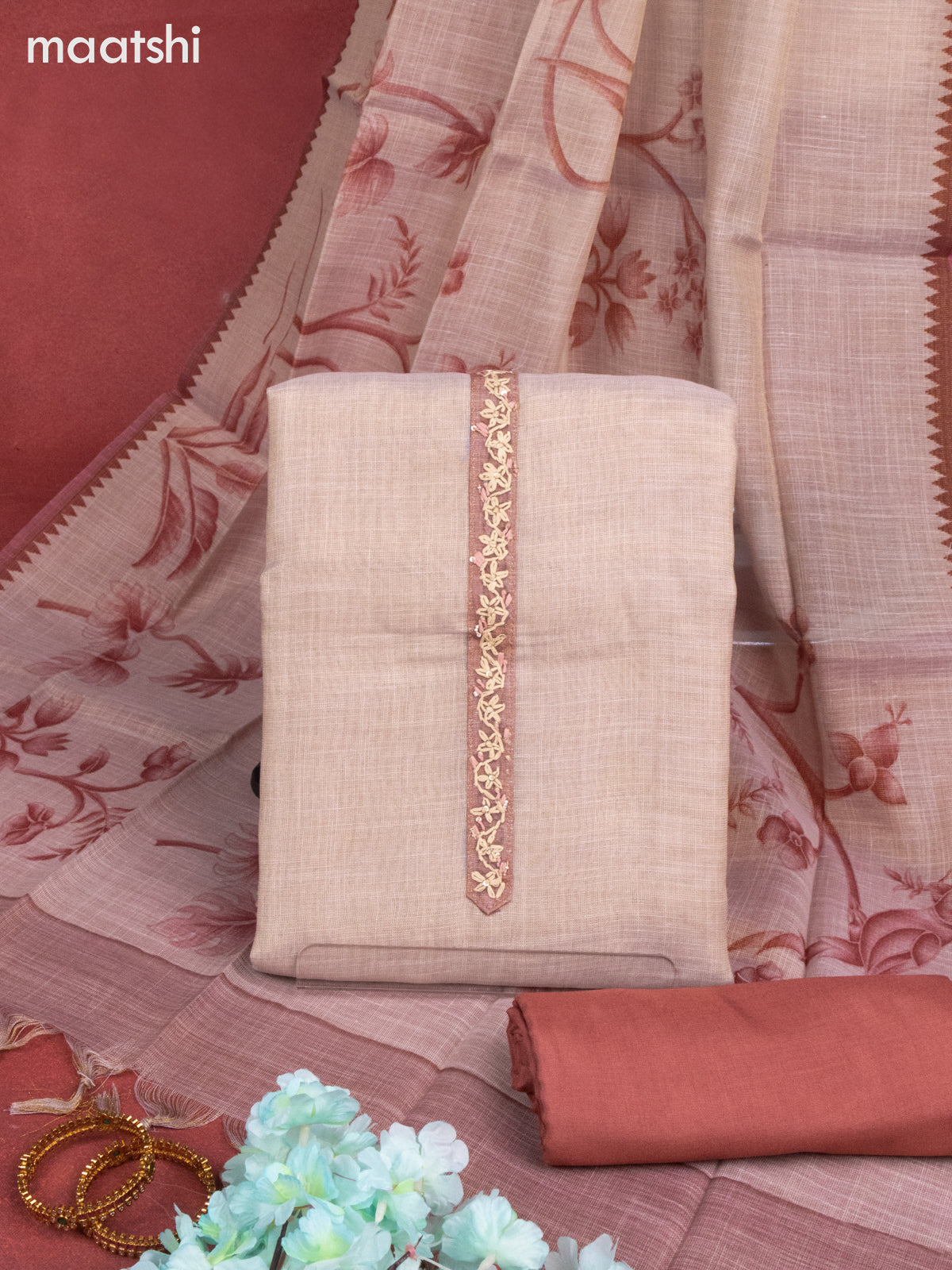 Tissue linen dress material pastel brown and brown with sequin & kantha stich work and bottom & printed dupatta