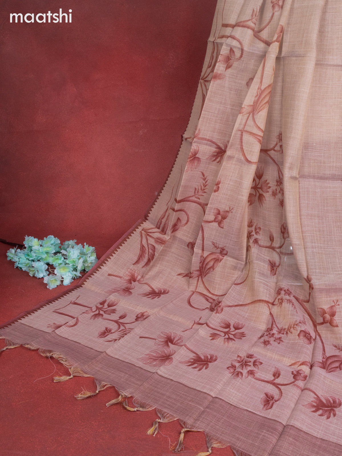 Tissue linen dress material pastel brown and brown with sequin & kantha stich work and bottom & printed dupatta