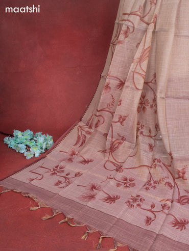 Tissue linen dress material pastel brown and brown with sequin & kantha stich work and bottom & printed dupatta