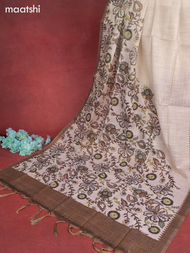 Tissue linen dress material cream and brown with sequin & kantha stich embroidery work and bottom & printed dupatta