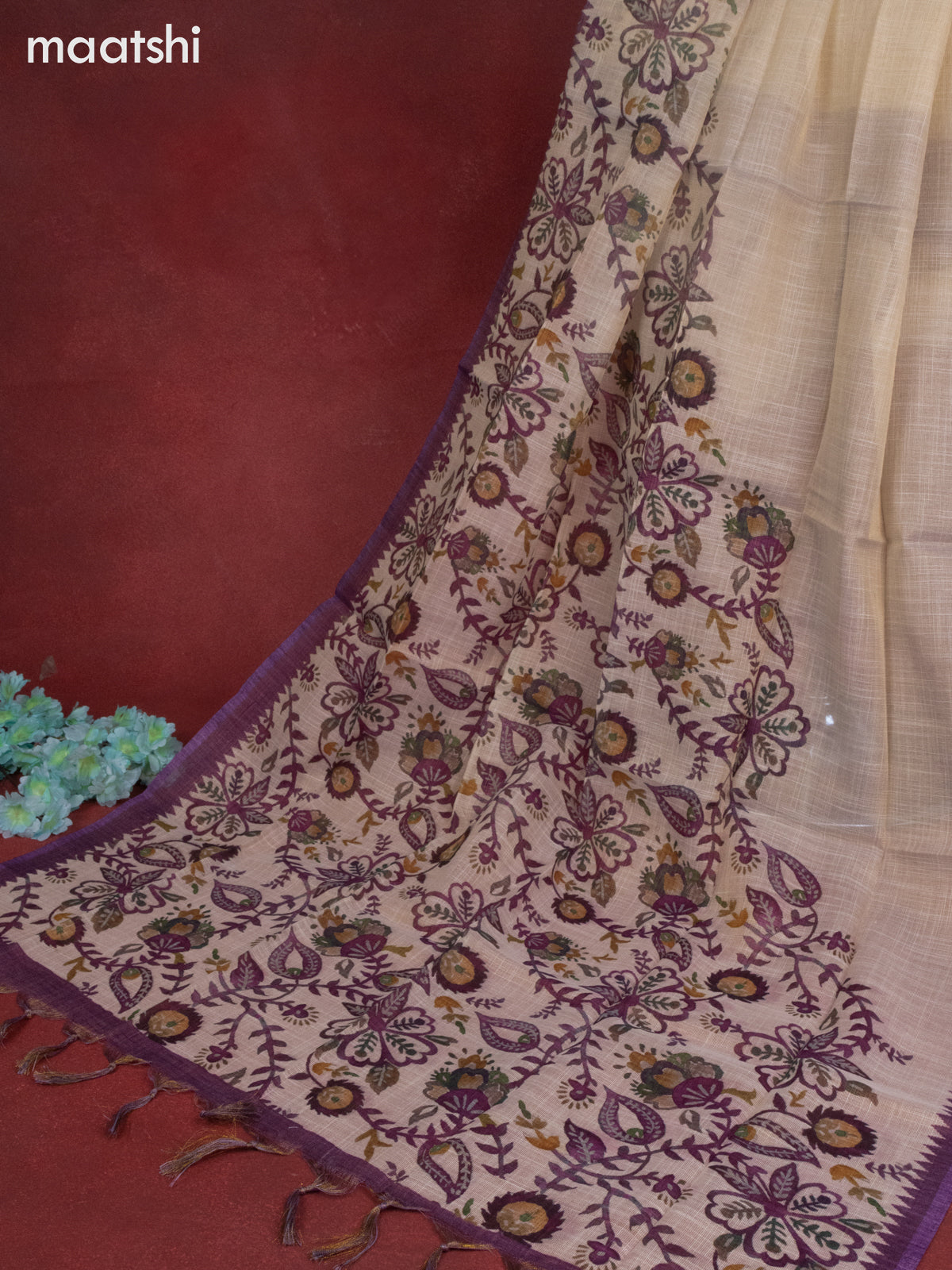 Tissue linen dress material cream and purple with sequin & kantha stich embroidery work and bottom & printed dupatta