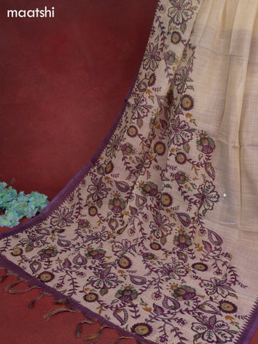 Tissue linen dress material cream and purple with sequin & kantha stich embroidery work and bottom & printed dupatta
