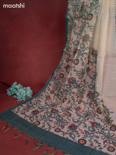 Tissue linen dress material cream and teal green with sequin & kantha stich embroidery work and bottom & printed dupatta