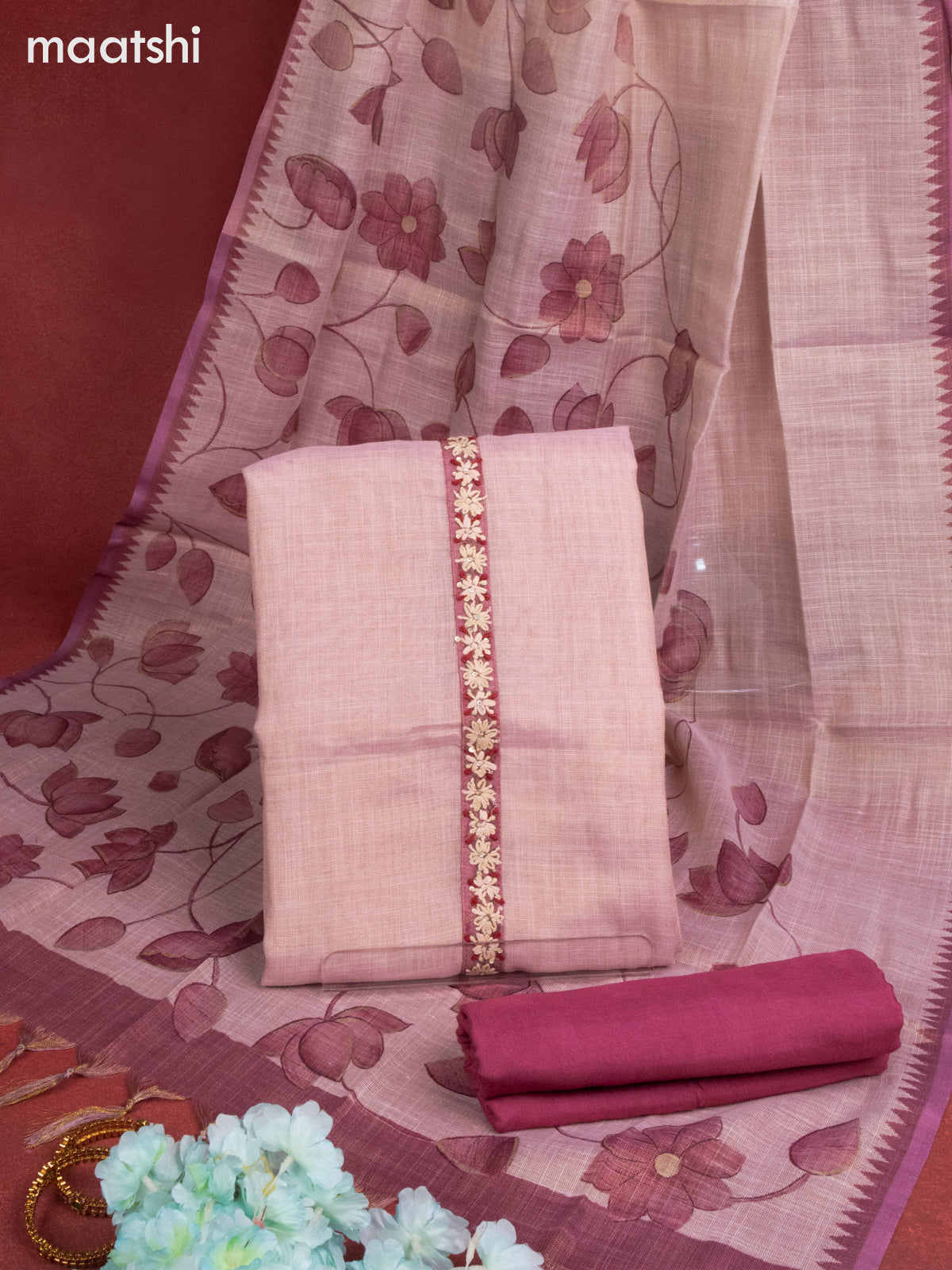 Tissue linen dress material mild peach and pink shade with sequin & kantha stich work and bottom & printed dupatta