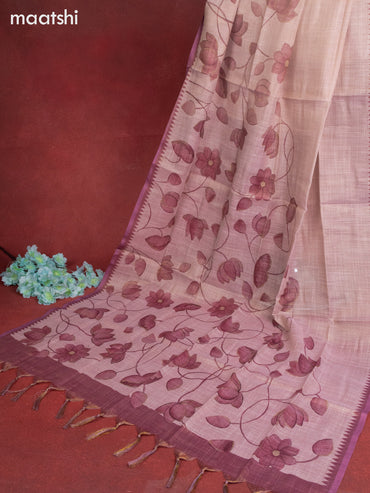 Tissue linen dress material mild peach and pink shade with sequin & kantha stich work and bottom & printed dupatta