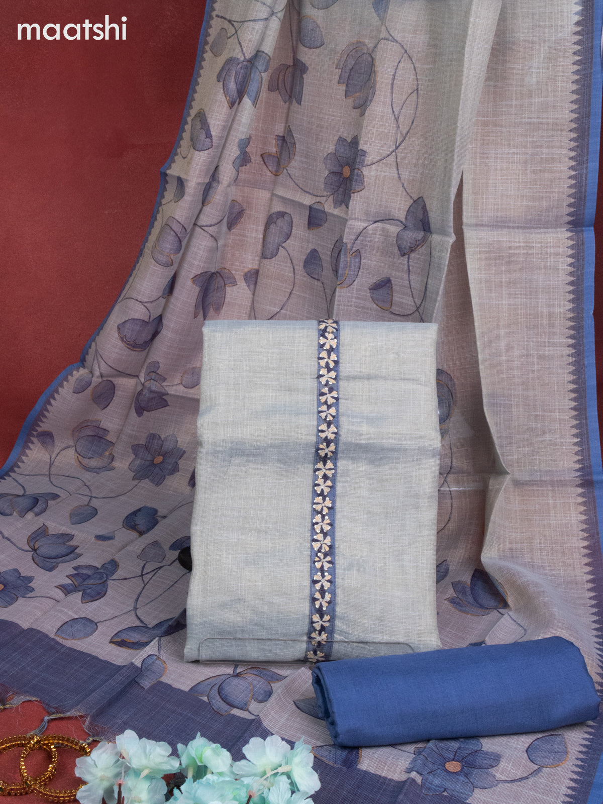 Tissue linen dress material greyish blue and blue with sequin & kantha stich work and bottom & printed dupatta
