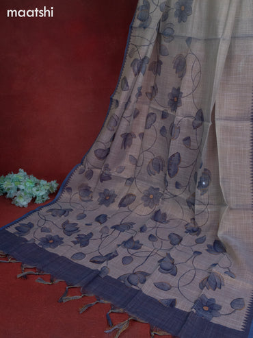 Tissue linen dress material greyish blue and blue with sequin & kantha stich work and bottom & printed dupatta