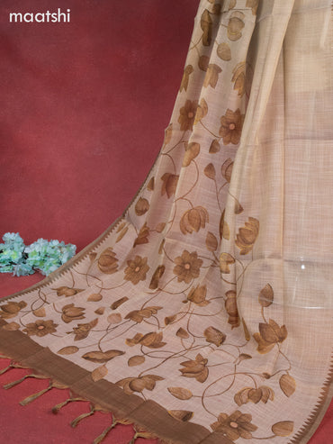 Tissue linen dress material beige and khaki shade with sequin & kantha stich work and bottom & printed dupatta