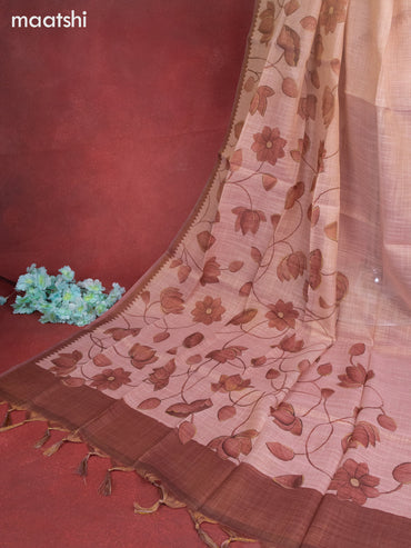 Tissue linen dress material mild peach and brown with sequin & kantha stich work and bottom & printed dupatta