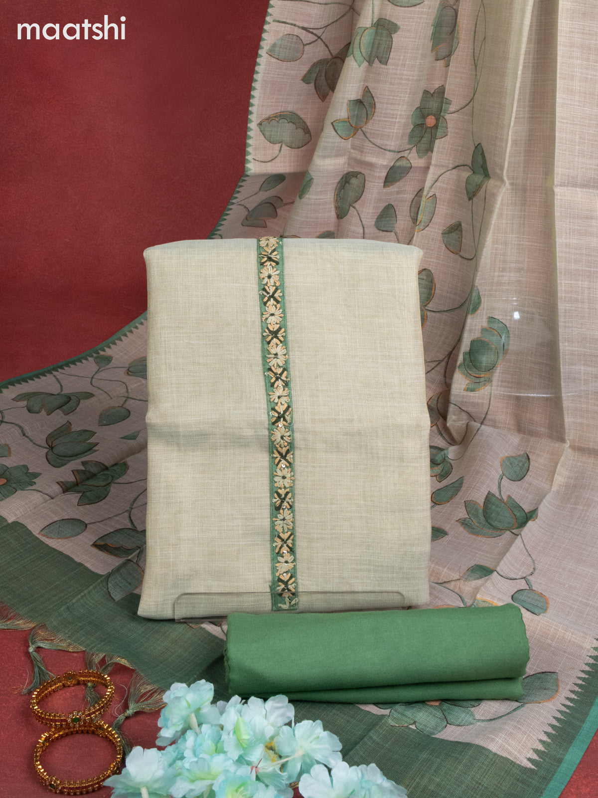Tissue linen dress material pastel green shade and green with sequin & kantha stich work and bottom & printed dupatta