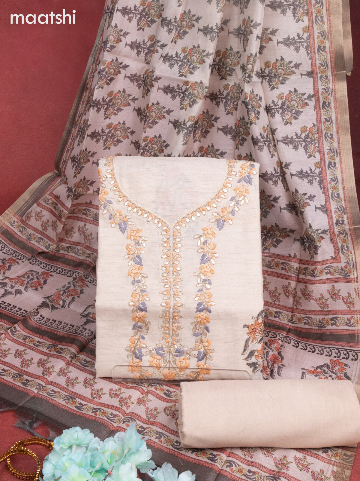 Chanderi dress material cream and grey with sequin & embroidery work neck pattern and bottom & printed dupatta