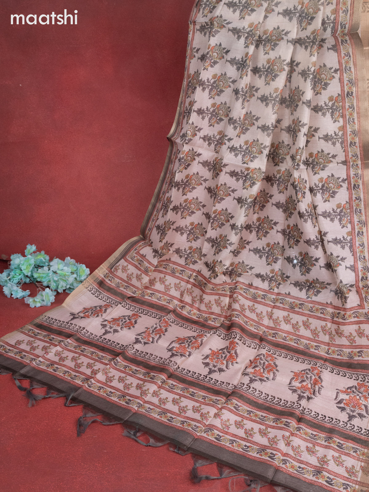 Chanderi dress material cream and grey with sequin & embroidery work neck pattern and bottom & printed dupatta