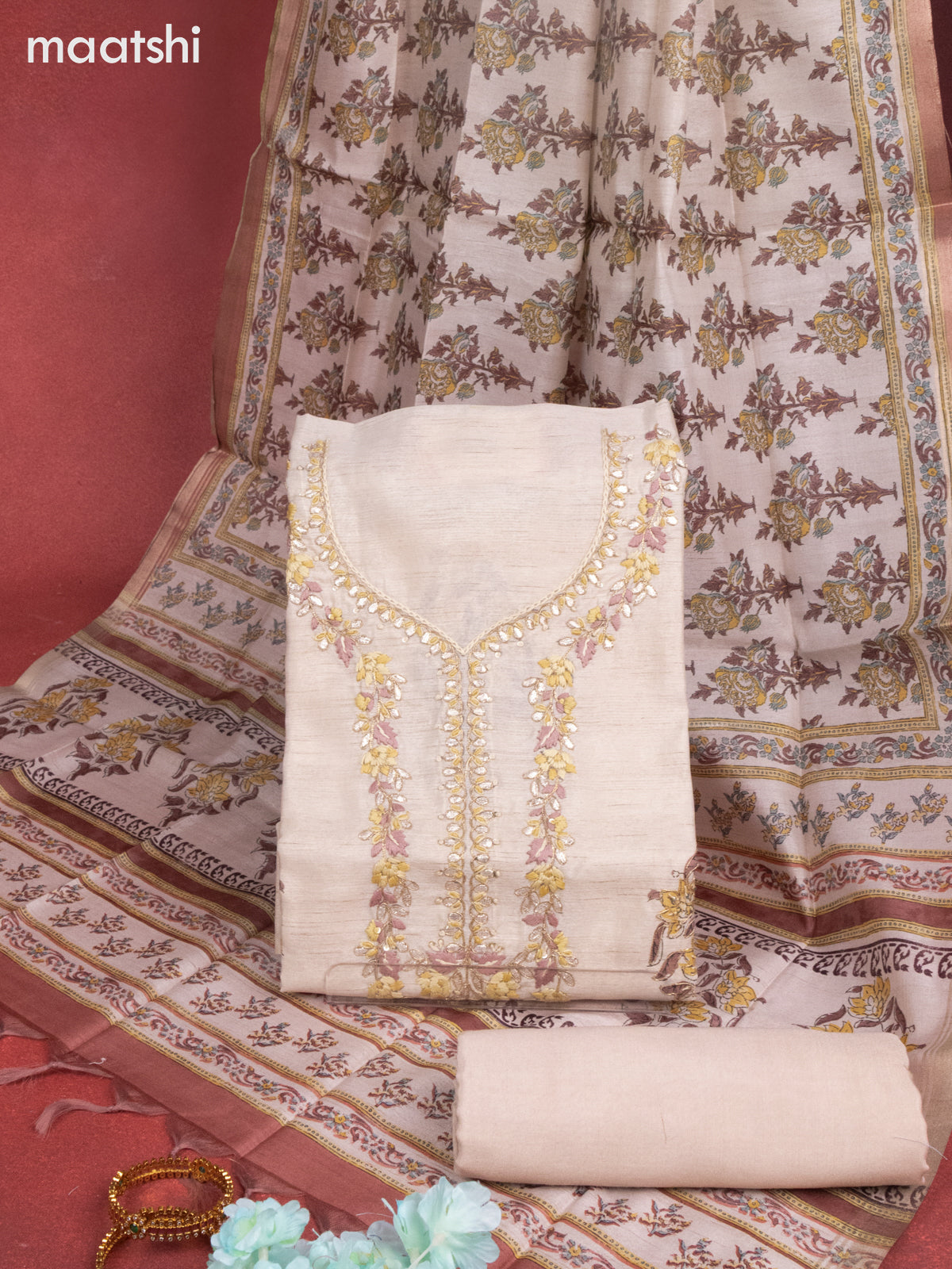Chanderi dress material cream and rust shade with sequin & embroidery work neck pattern and bottom & printed dupatta