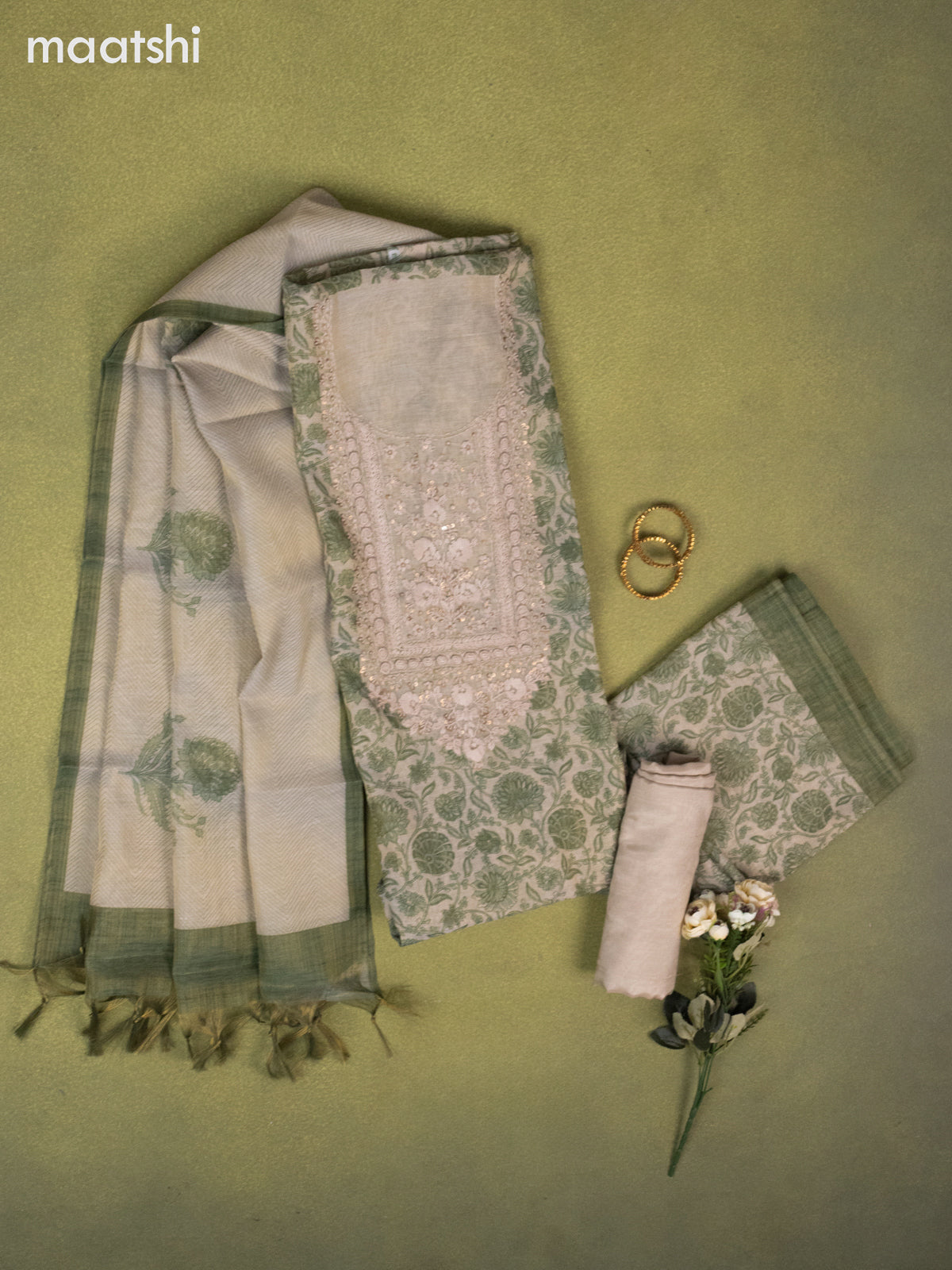 Tissue linen dress material beige and green with allover kalamkari prints & embroidery kantha stich work neck pattern and bottom & dupatta
